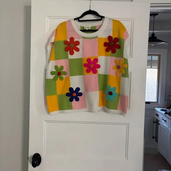 BiBi Checkerboard Crewneck Sweater in White, Pink, Yellow, Green - Picture 2 of 5